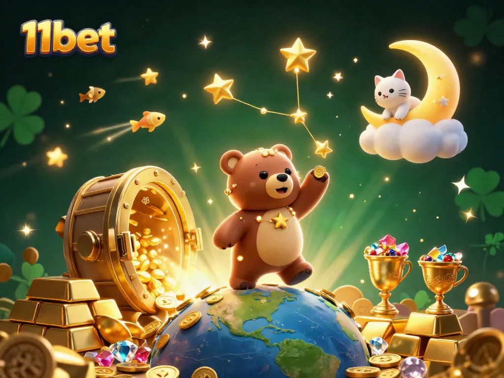Experience thrilling wins with 11bet in this vibrant, multi-dimensional casino scene filled with treasures.