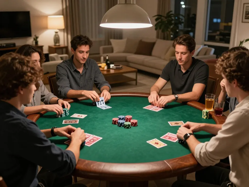 Maxpoker88 players enjoying a Texas Hold'em game night, sharing snacks and drinks.