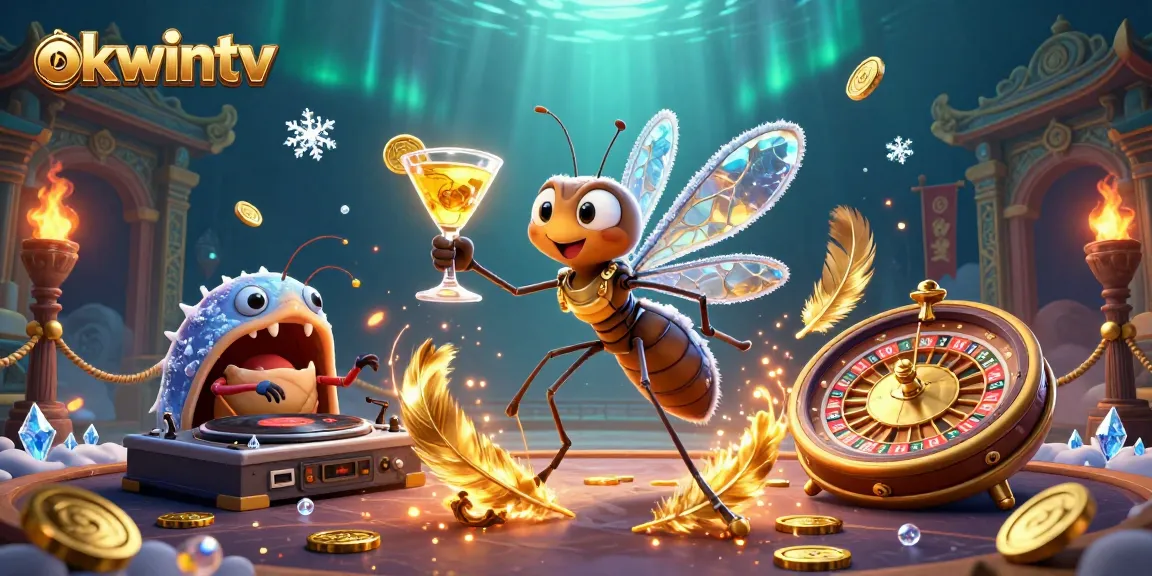 Immerse in the thrilling action of okwintv as the cartoon mosquito mascot holds a golden cocktail.