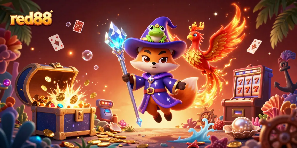 Red88 players engaging in a vibrant 3D casino world while winning at various slot machines.