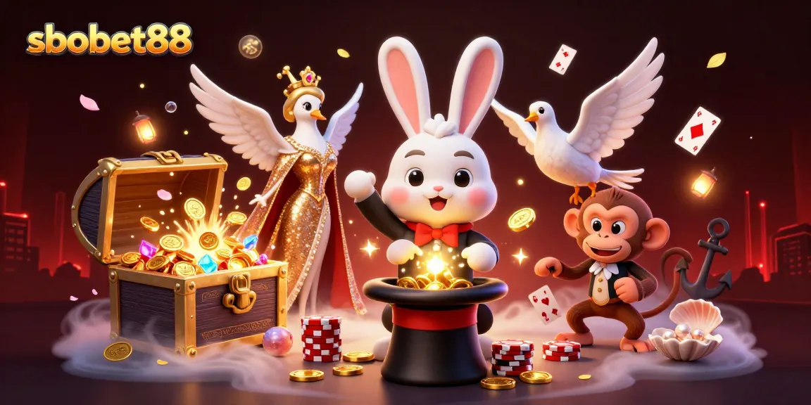 Experience sbobet88's thrilling betting environment with a magician rabbit, dove, and monkey amidst playful casino elements.