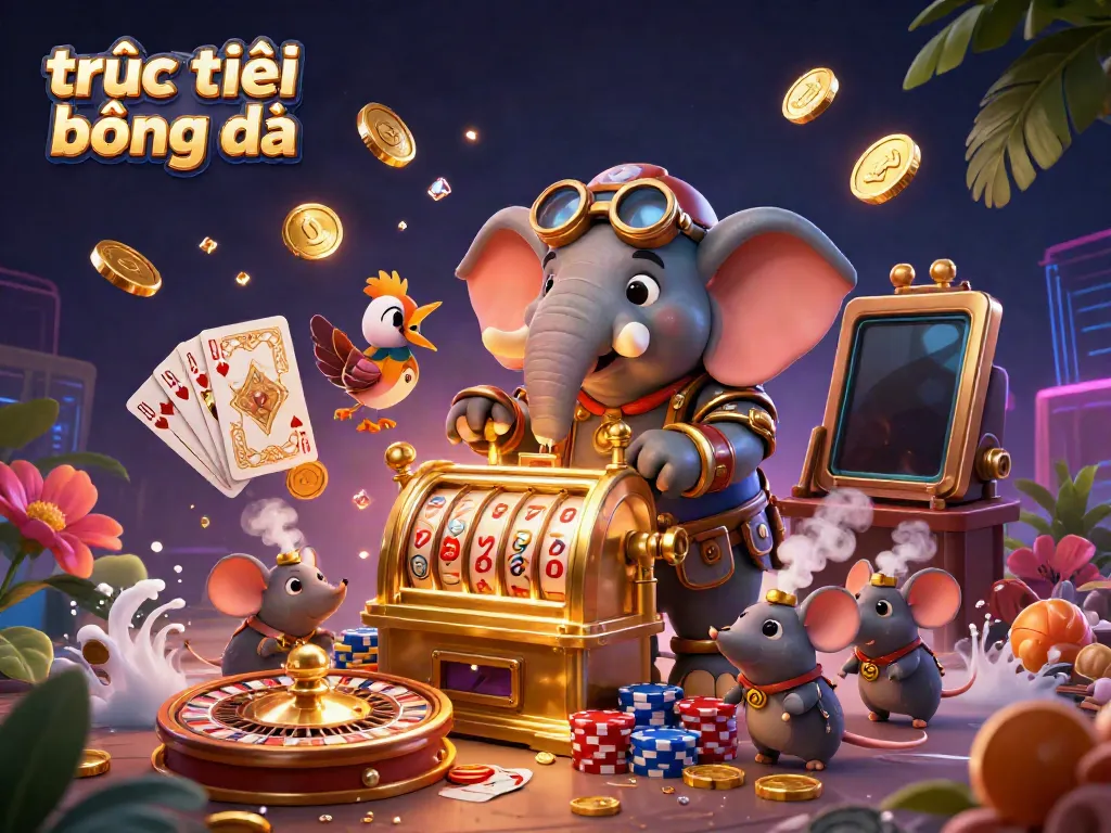 Experience trực tiếp bóng đá through a vibrant 3D illustration of gambling elements like slot machines, roulette, and poker.
