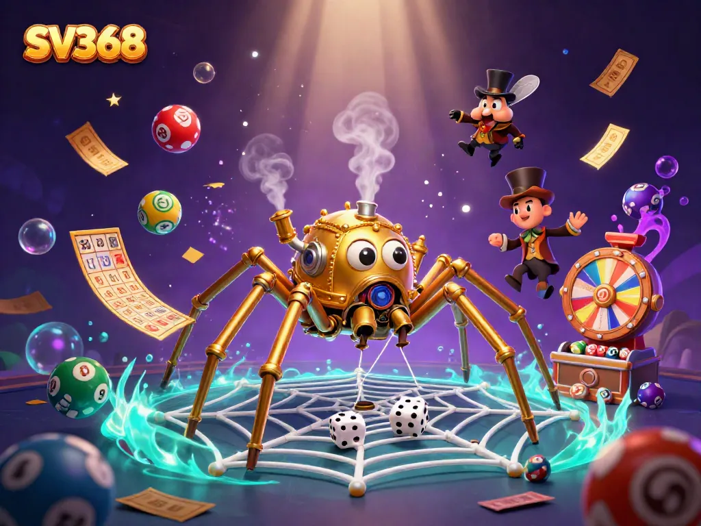 SV368's engaging online casino scene featuring a steampunk spider and lottery elements.