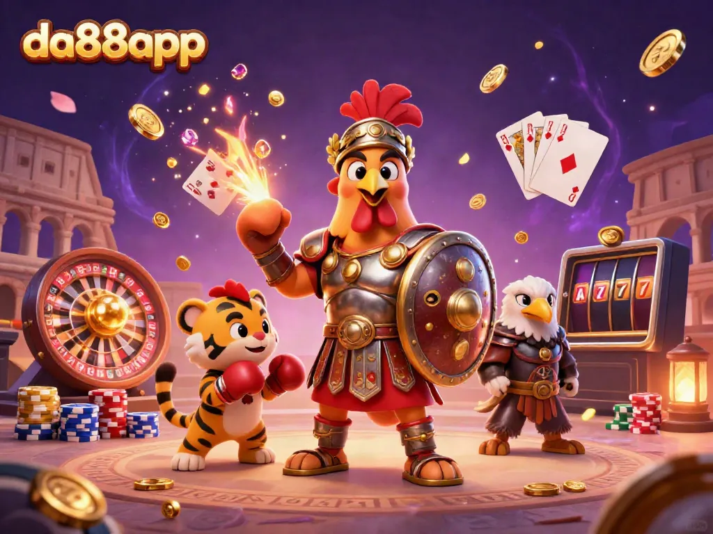 Experience thrilling moments at da88app with a vibrant, dynamic scene featuring cartoon gladiators, roulette, and slot elements.