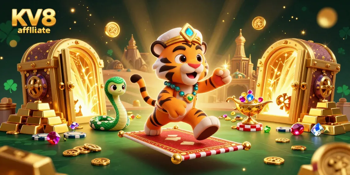 Engage with the KV8 affiliate casino world through an enchanting Arabian Nights scene, featuring thrilling game elements.