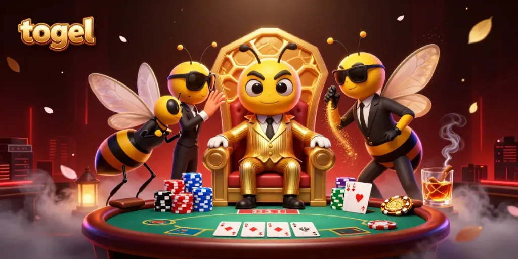 Engage with togel game fun featuring a cartoon bumblebee mob boss in a dynamic casino environment.