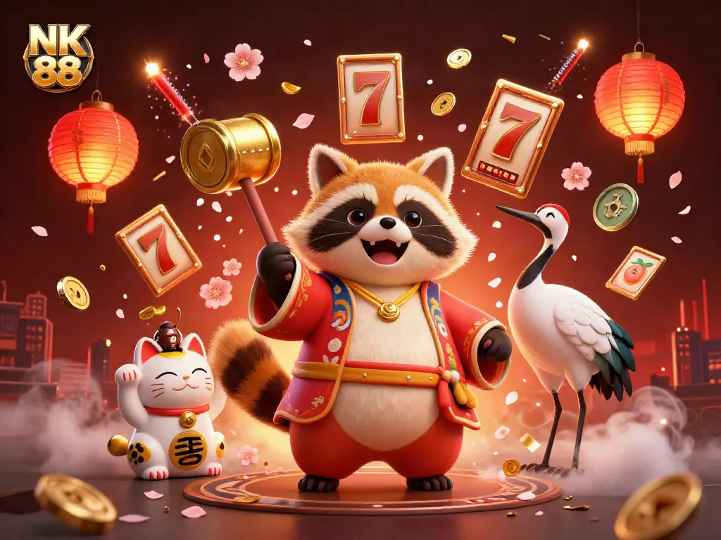 Experience the thrill of NK 88 with vibrant 3D elements showcasing slots, lucky symbols, and festive characters.