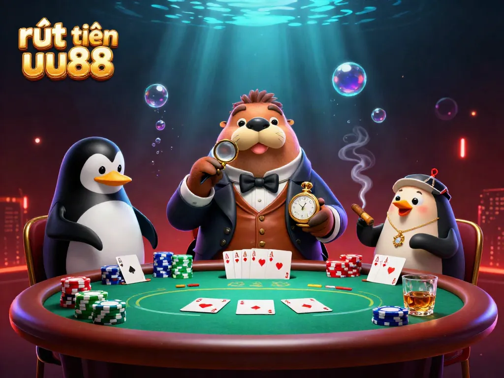 Experience thrilling moments at rút tiền uu88 with a walrus, penguin dealer, and pufferfish bluffing at an underwater poker table.