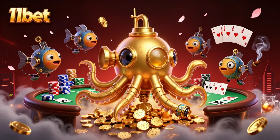 Experience thrilling poker action with 11bet's golden kraken submarine in a sea of coins.