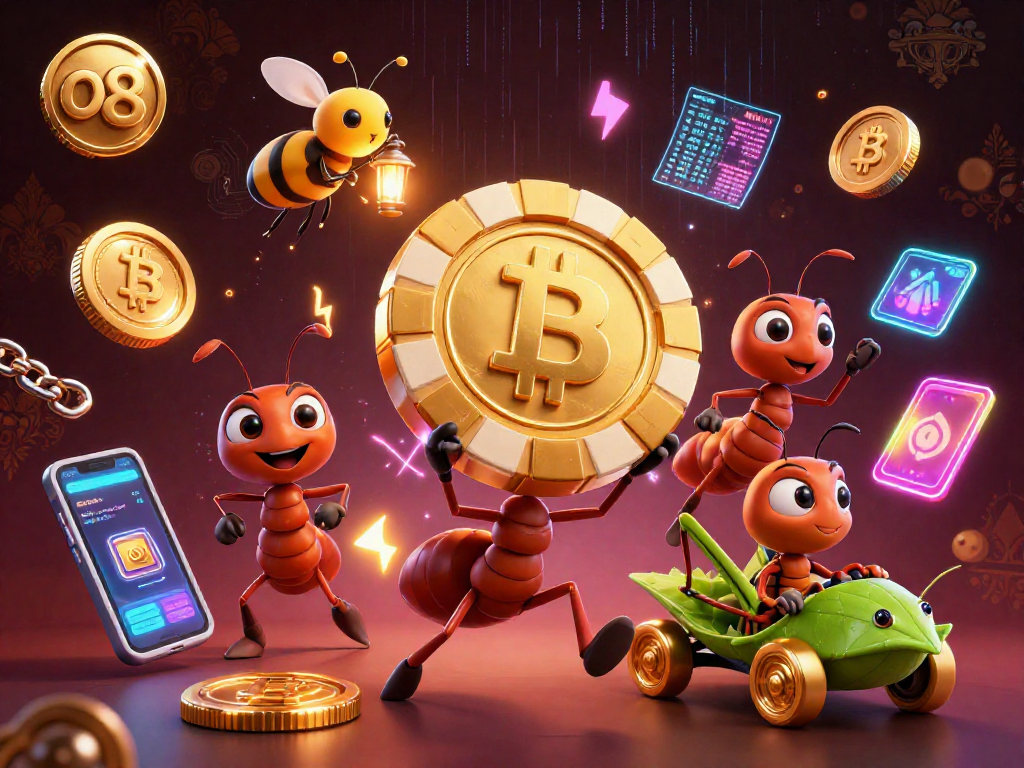 Engage with o8's thrilling heist scene featuring cartoon ants and crypto elements in a dynamic 3D illustration.