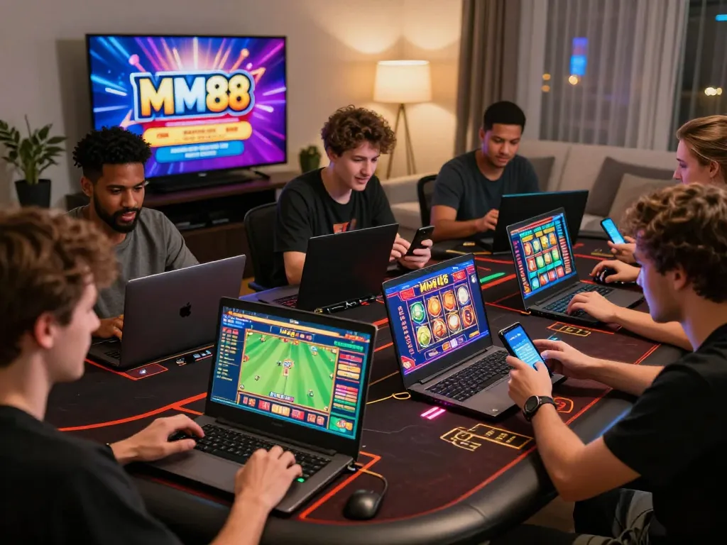 Experience the excitement of online gaming at https://mm88.day/, featuring diverse players engaging in thrilling games in a vibrant home setting.