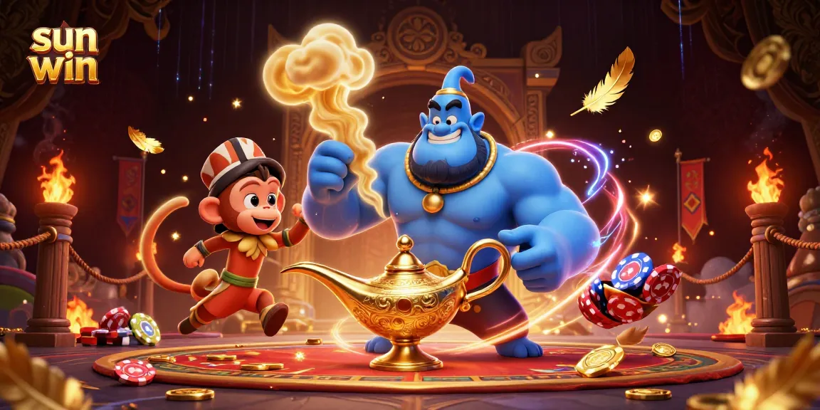 Experience thrilling wins at sun win with vibrant casino characters and elements in a fantastic scene.
