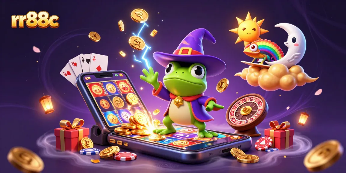 Experience the excitement of rr88c with a cartoon wizard frog amidst golden coins and vibrant game elements.