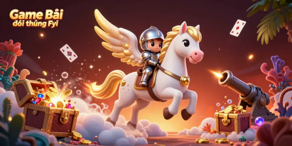 Experience the excitement of Game Bài Đổi Thưởng Fyi with an enchanting knight on a celestial horse amidst vibrant game elements.
