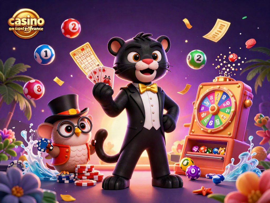 Illustration dynamique 'casino en ligne france', une panthère gagnante dealant des cartes entourée de jeux de loterie.