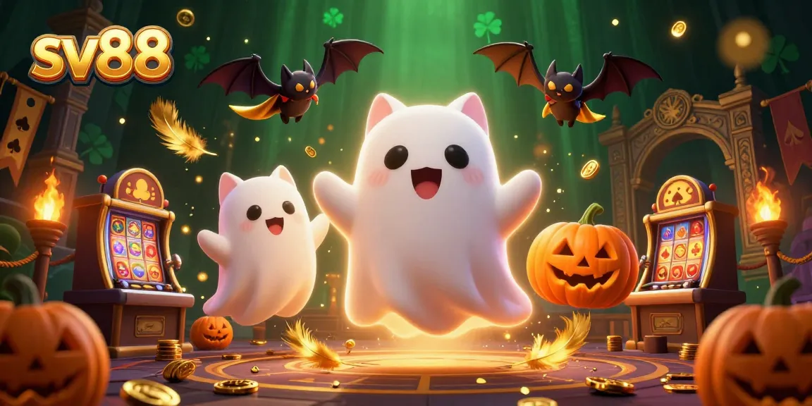 Bet players in the haunted sv88 casino mansion with a ghost cat, bat companion, and glowing pumpkins.