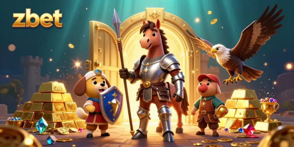 Experience thrilling gameplay with zbet, featuring a medieval knight, a puppy squire, and a falcon surrounded by glittering treasures.