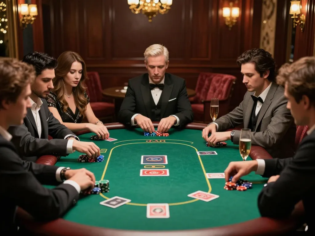 Engaged players at RR88's VIP poker table enjoying a high-stakes game with colorful chips and cards.