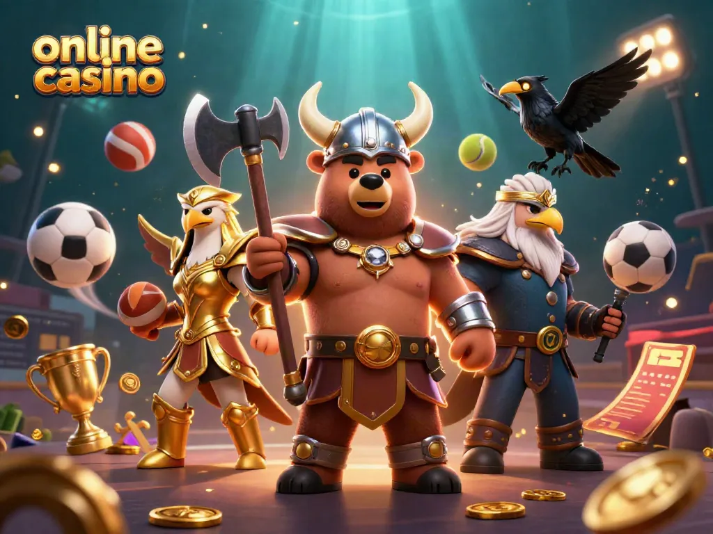 Disfruta de juegos en un casino online con nuestra vibrante ilustración 3D llena de acción y elementos de juego.