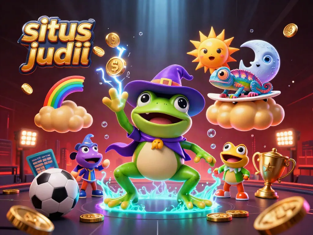 Bet on situs judi bola with a dynamic scene featuring a wizard frog and chameleon in a casino-themed illustration.
