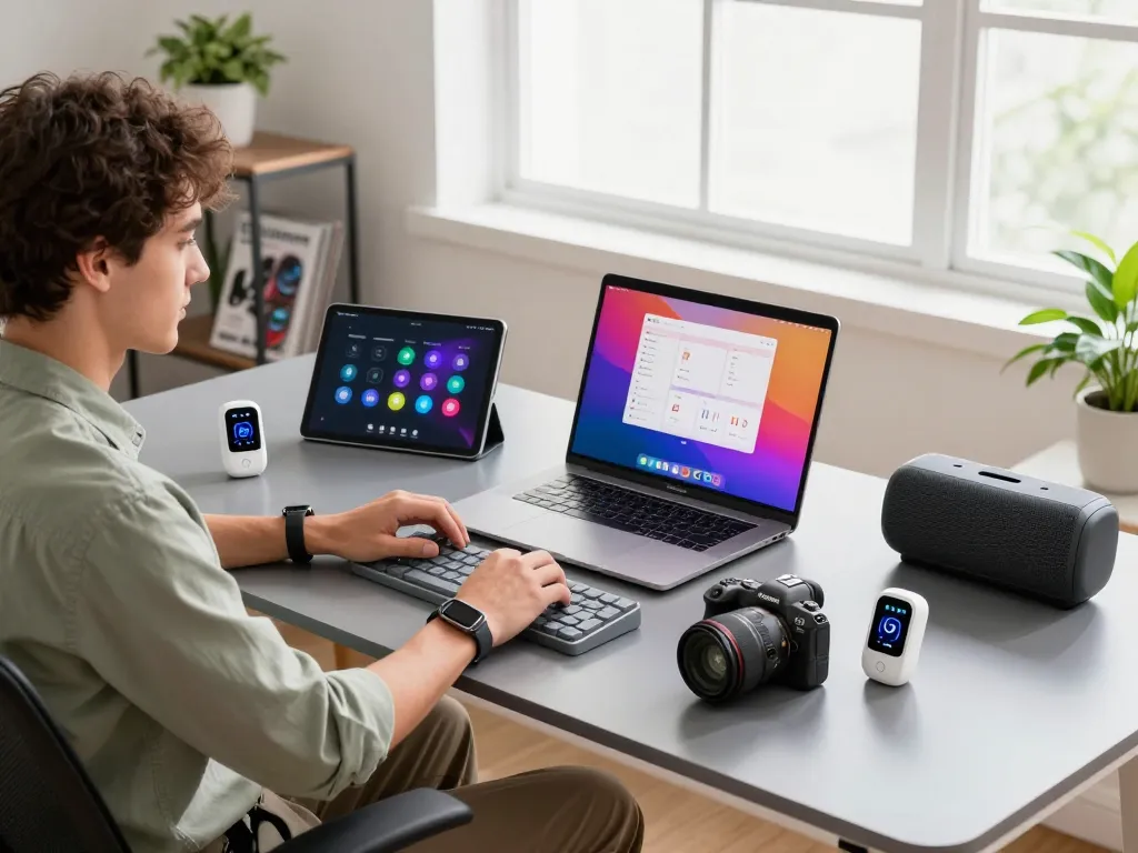 Exploring must have tech gadgets in a modern workspace with Bluetooth devices, laptop, and health tracking tools.