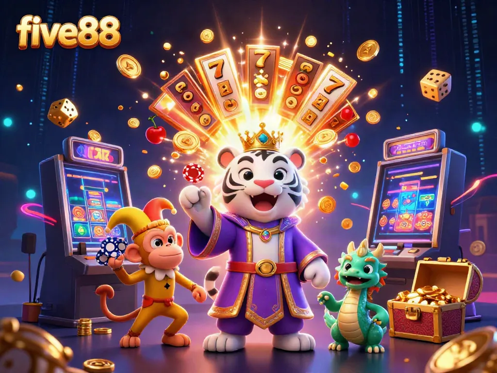 Experience the excitement of five88 casino with dynamic characters, slot machines, and vibrant gaming elements.