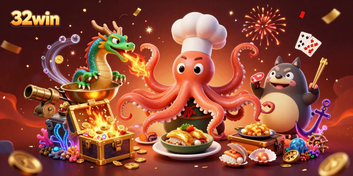 Experience the exciting world of 32win with animated characters celebrating in a vibrant casino scene