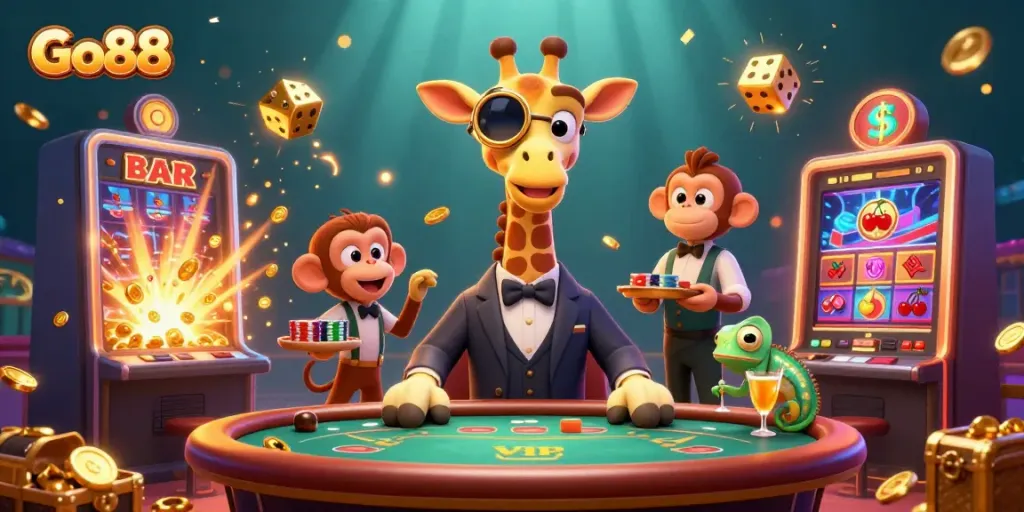 Engage with Go88's thrilling gaming experience featuring vibrant casino imagery and characters.