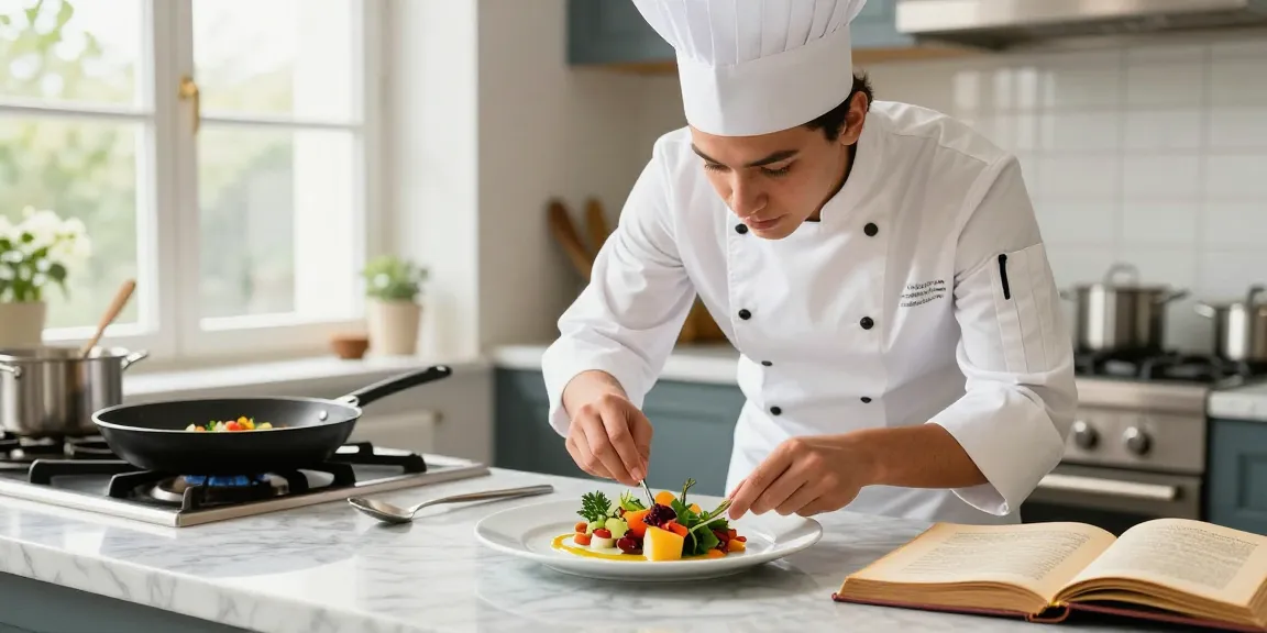 Chef plating a gourmet dish in a bright kitchen, showcasing the transformative internship in France experience.