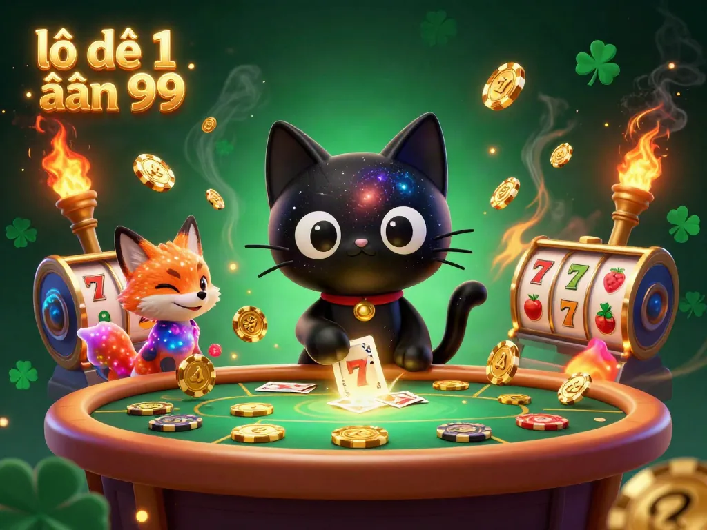 Engaging visual of lô đề 1 ăn 99 featuring a black hole cat and a nebula fox at a cosmic casino.