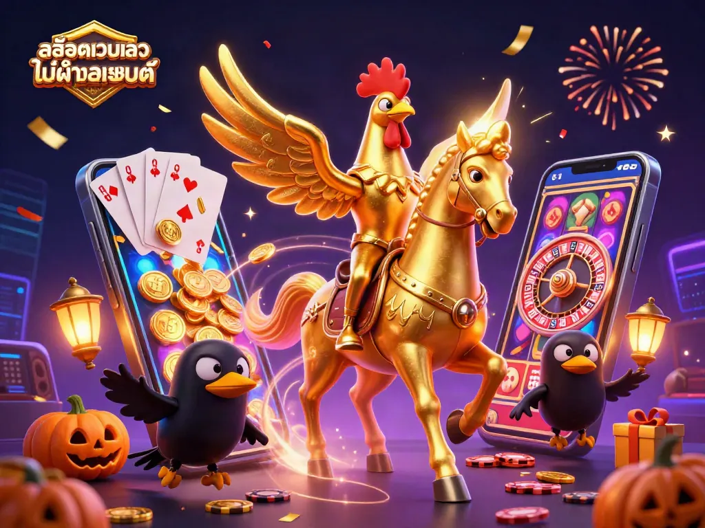 ภาพวาด 3D แสดงถึง สล็อตเว็บตรงไม่ผ่านเอเย่นต์ ด้วย roosters ทองและคาสิโนที่มีสีสัน
