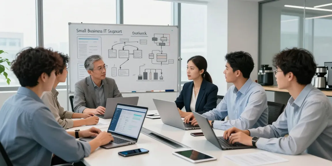 Team collaborating on small business IT support strategies in a modern corporate office setting.