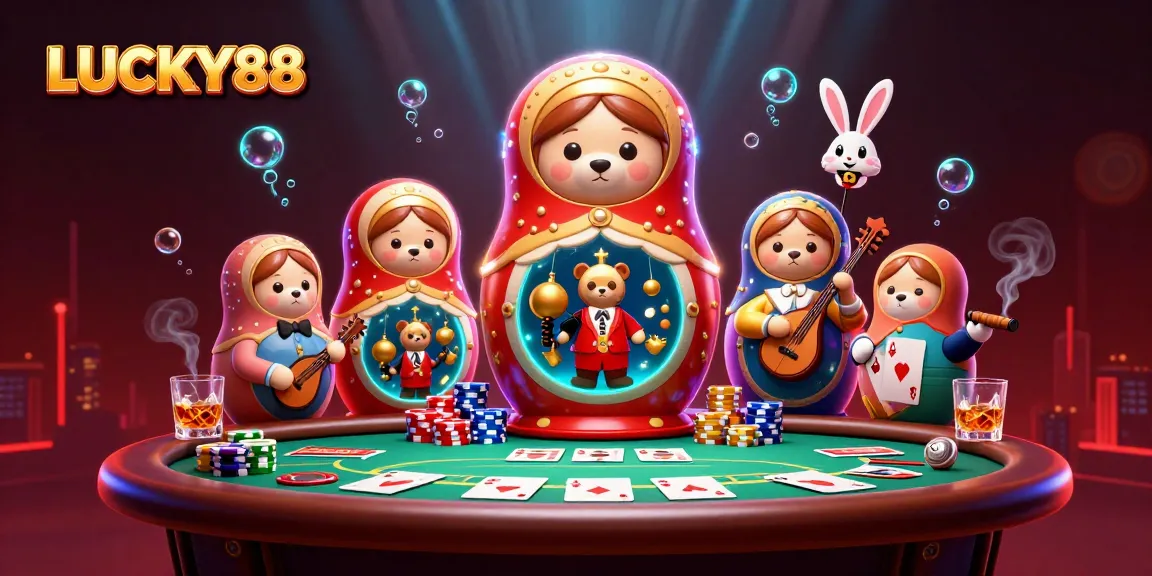 Join the excitement at LUCKY88 with vibrant casino elements and characters interacting dynamically.