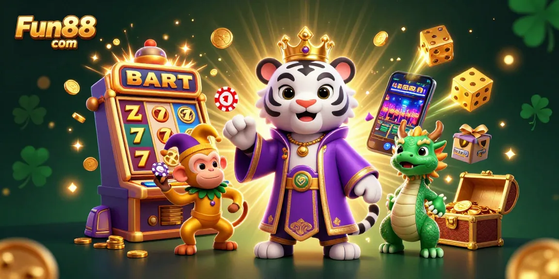 Experience the excitement of Fun88 com with a vibrant casino scene featuring dynamic characters and gaming elements.