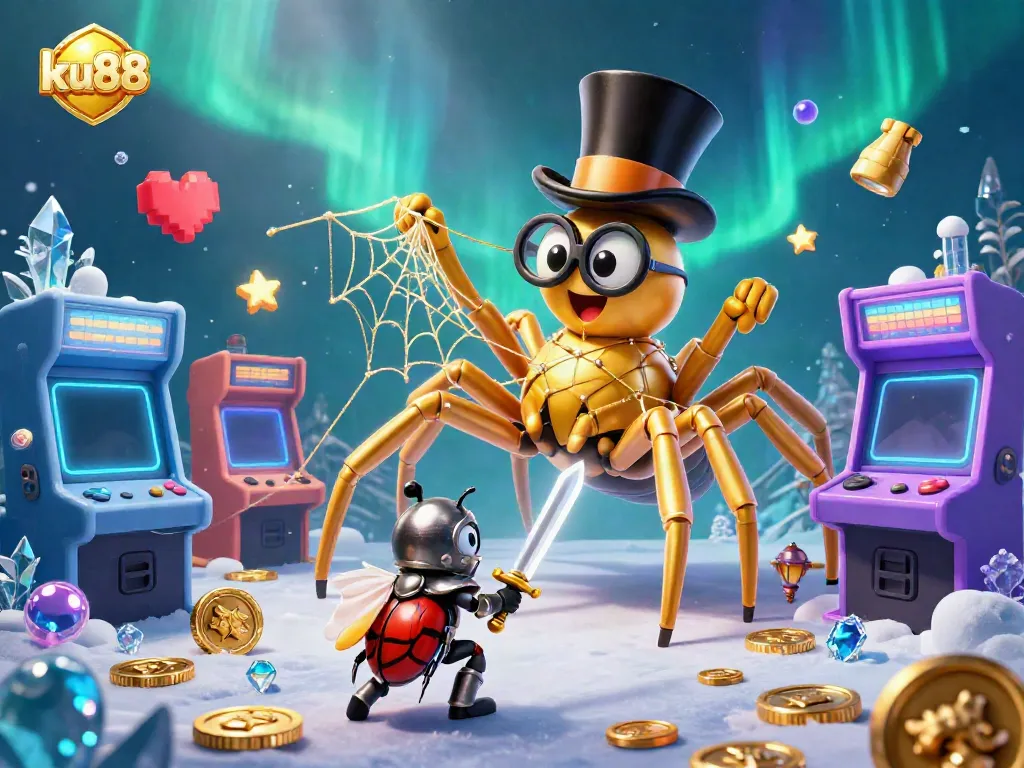 Engage in the vibrant world of ku88 with a golden tarantula weaving magic amid casino elements.