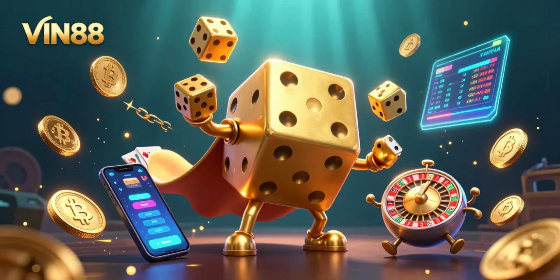 Enhance your VIN88 gaming experience with a vibrant 3D casino illustration featuring a golden dice golem.