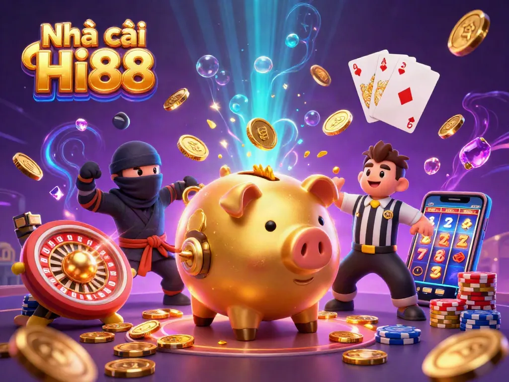 Engage with Nhà cái Hi88's immersive casino experience featuring a golden piggy bank sumo wrestler.
