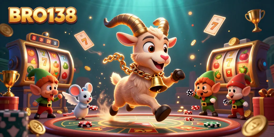 BRO138 creates a vibrant casino scene with Krampus, an angel mouse, and gremlins showcasing slot games, evoking excitement.