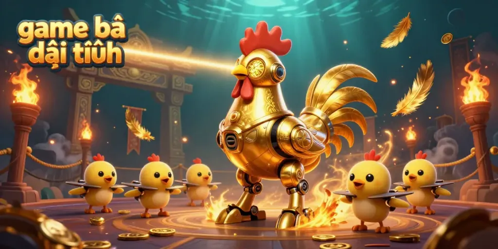 Engage with thrilling game bài đổi thưởng in a dynamic 3D illustration featuring a golden rooster robot and baby chick drones.