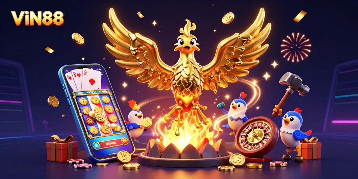Experience the excitement at VIN88 with a dynamic scene of a molten gold phoenix amidst vivid gaming elements.