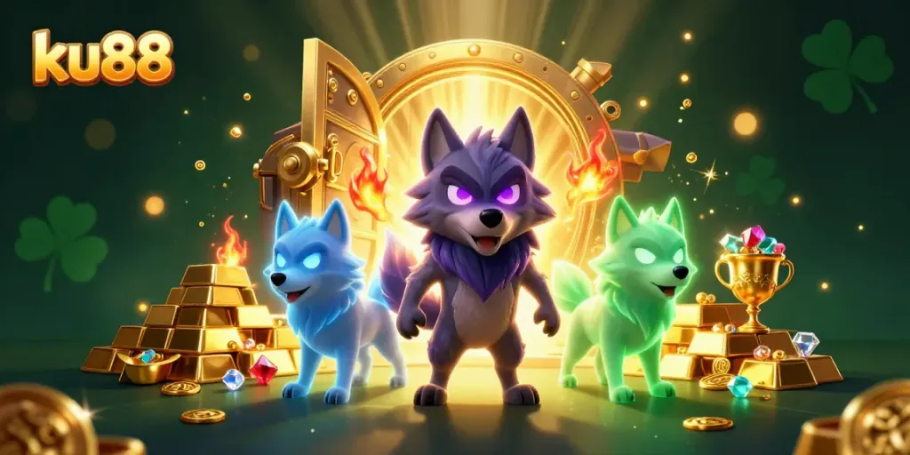 Engage with ku88's vibrant online casino treasure with animated ghostly wolves and dazzling gems.