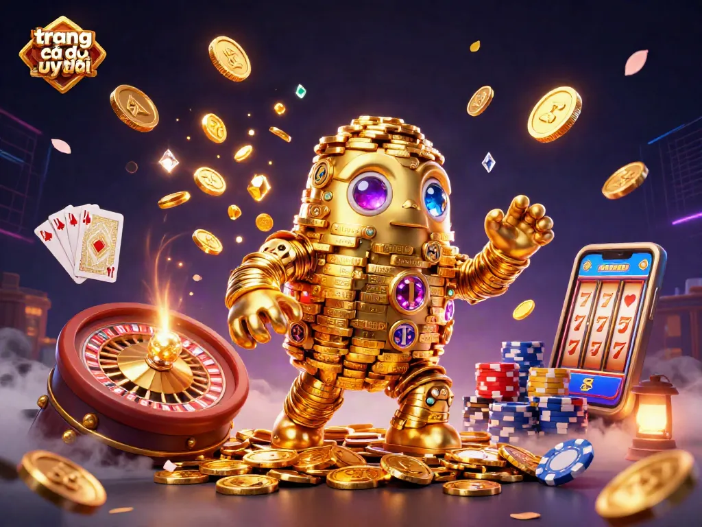 Cá cược tại trang cá độ uy tín cùng golem vàng và những đồng xu bay xung quanh.
