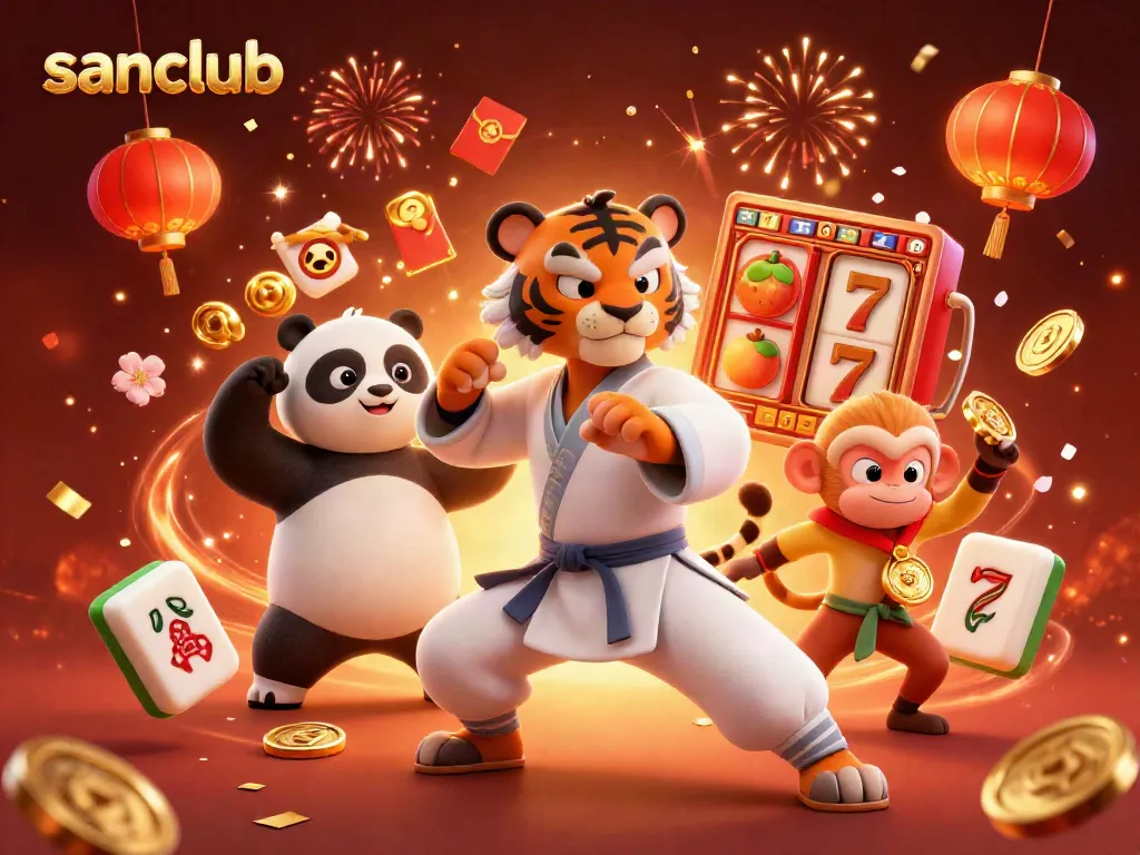 shining sanclub slot reels surrounded by kung fu characters in a vibrant casino scene