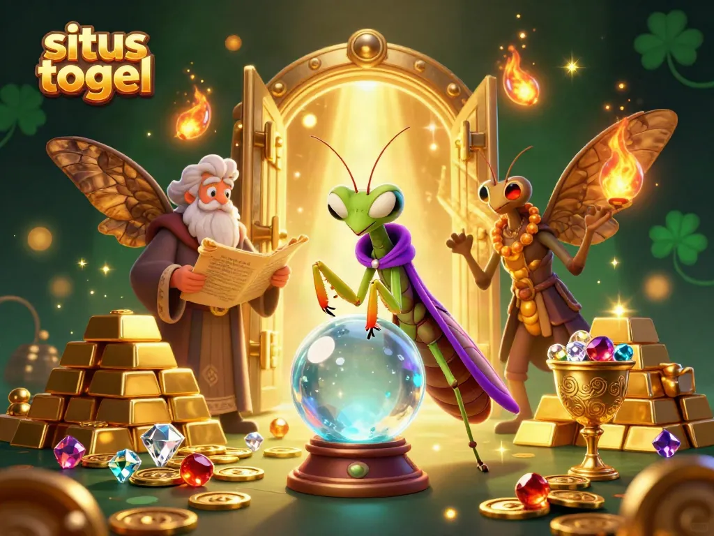 Engage in situs togel with magical characters and treasure-filled visuals in this dynamic illustration.