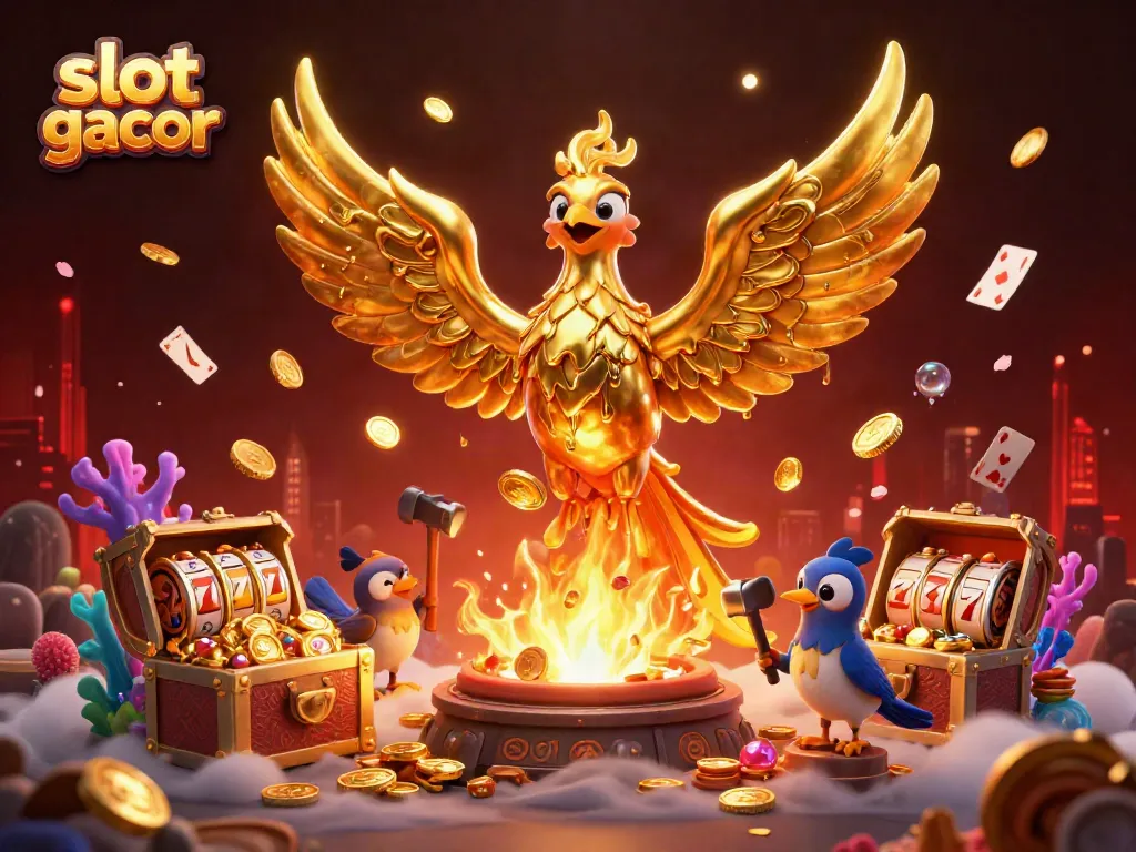Experience the excitement of slot gacor as a golden phoenix emerges amidst treasures and vibrant casino symbols.