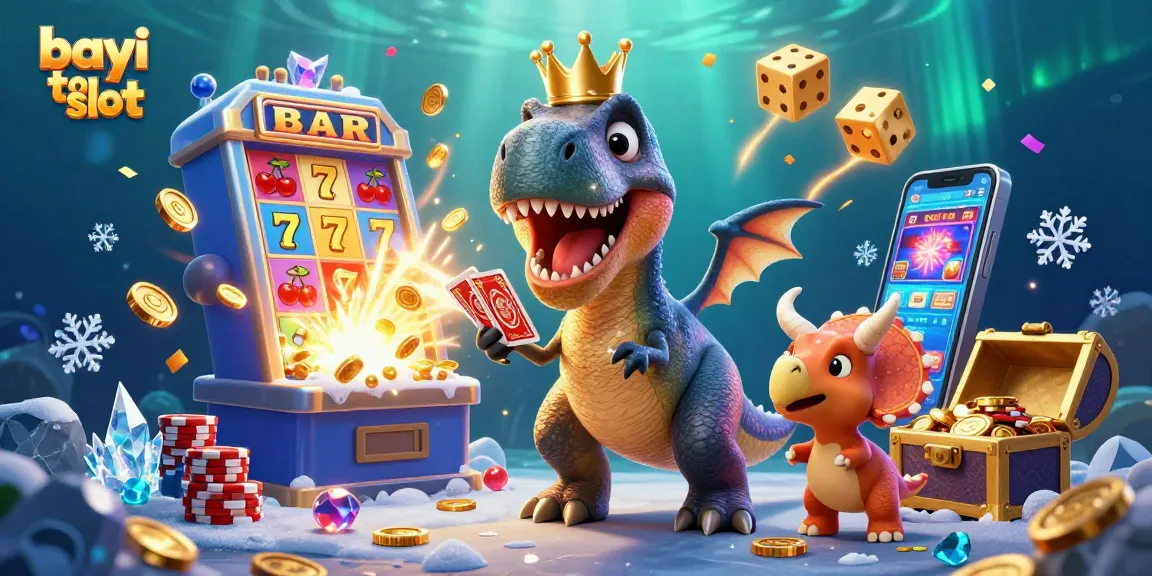 Bayi toto slot scene depicting T-Rex and friends amidst slot games, showcasing vibrant casino elements