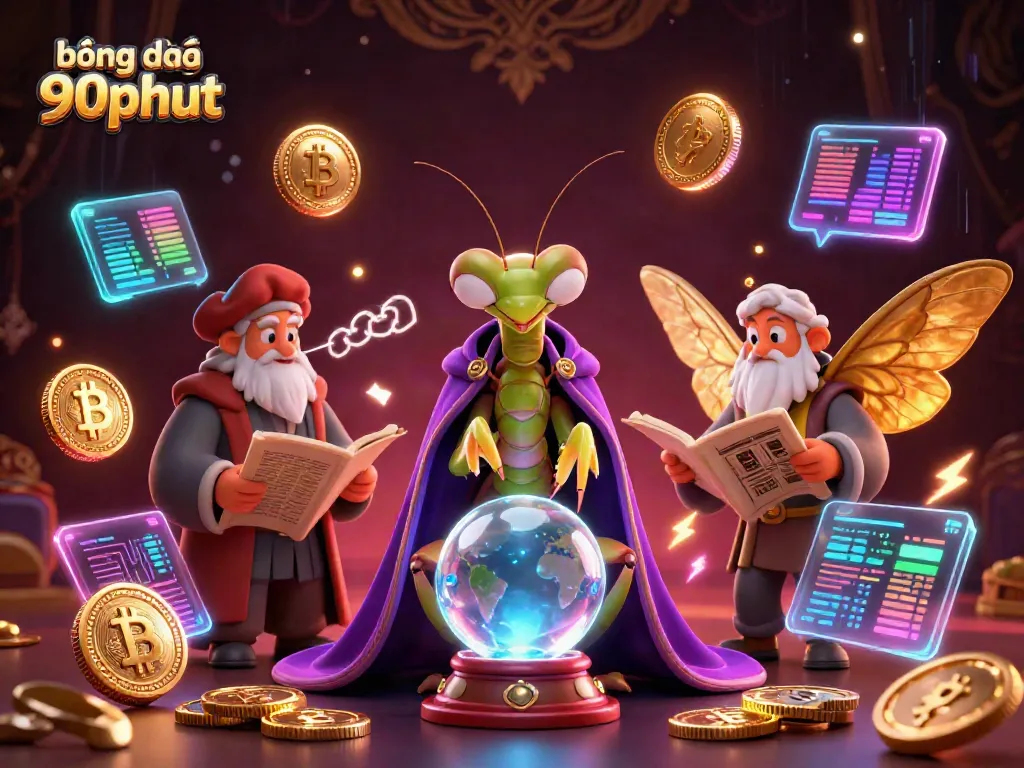 Experience the thrilling world of bóng đá trực tuyến 90phut through a dynamic illustration showcasing fortune tellers and cryptocurrency elements.