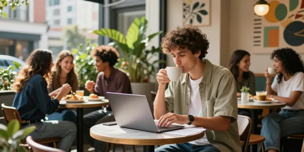 Engaged young adult at trendy café embodying rokok88 lifestyle with creativity and social connection.