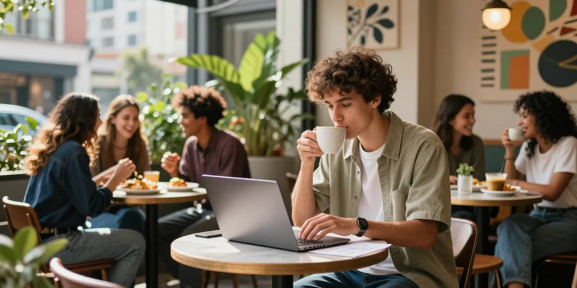 Engaged young adult at trendy café embodying rokok88 lifestyle with creativity and social connection.