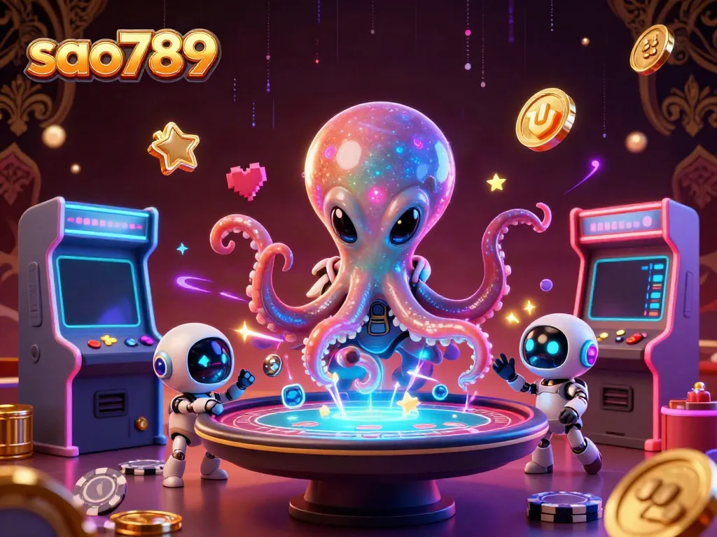 Sao789 gaming scene featuring a cosmic octopus dealer, poker tables, and vibrant arcade elements.
